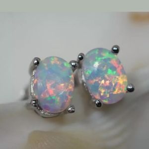 Chic 925 Silver Stud Earrings White Fire Opal